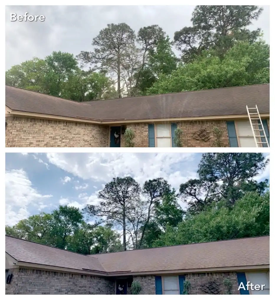 Asphalt shingle roof with moss and algae cleared by low-pressure soft wash