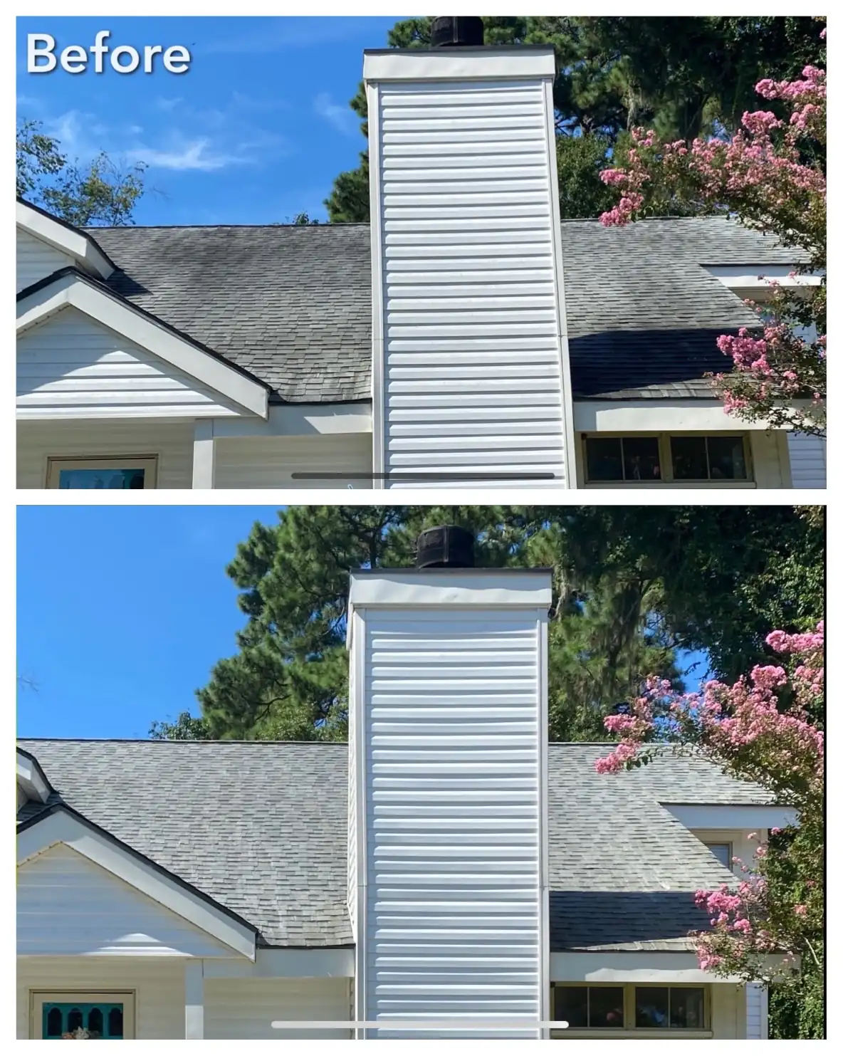 Roof section detail showing soft-wash result around a chimney: staining gone from siding and shingle edges, flashing untouched